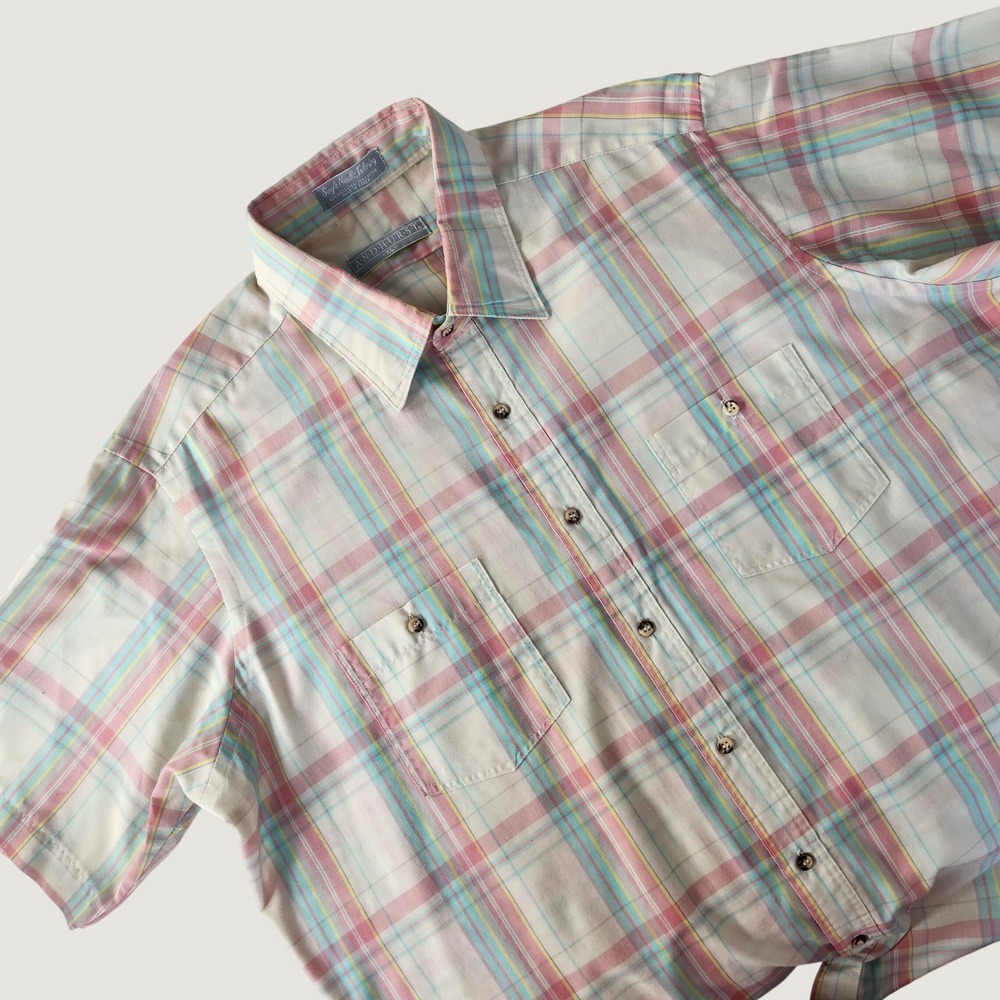 VTG Andhurst Mens XL Short Sleeve Pastel Plaid Single Stitch Button Down‎ Shirt